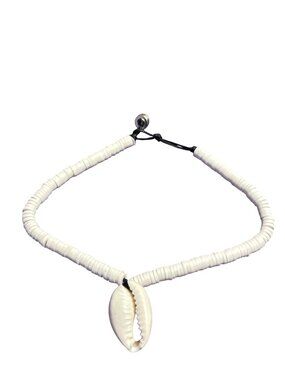Beaded Bracelet / Anklet White Polymer Clay Heishi Beads Cowrie Shell 8.5 inches
